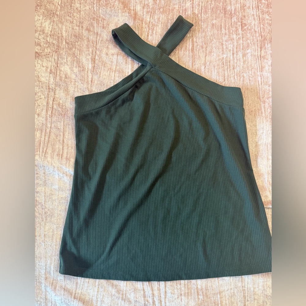 nine britton Olive Ribbed Cross-Strap Top